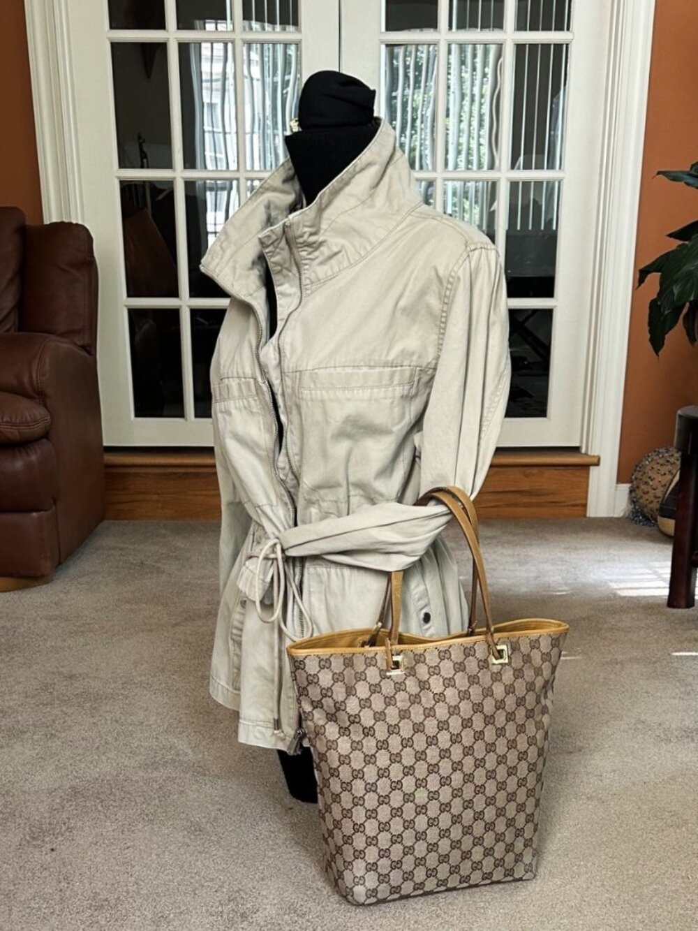 GUCCI GG Monogram Bucket Bag Tote, Taupe, Camel